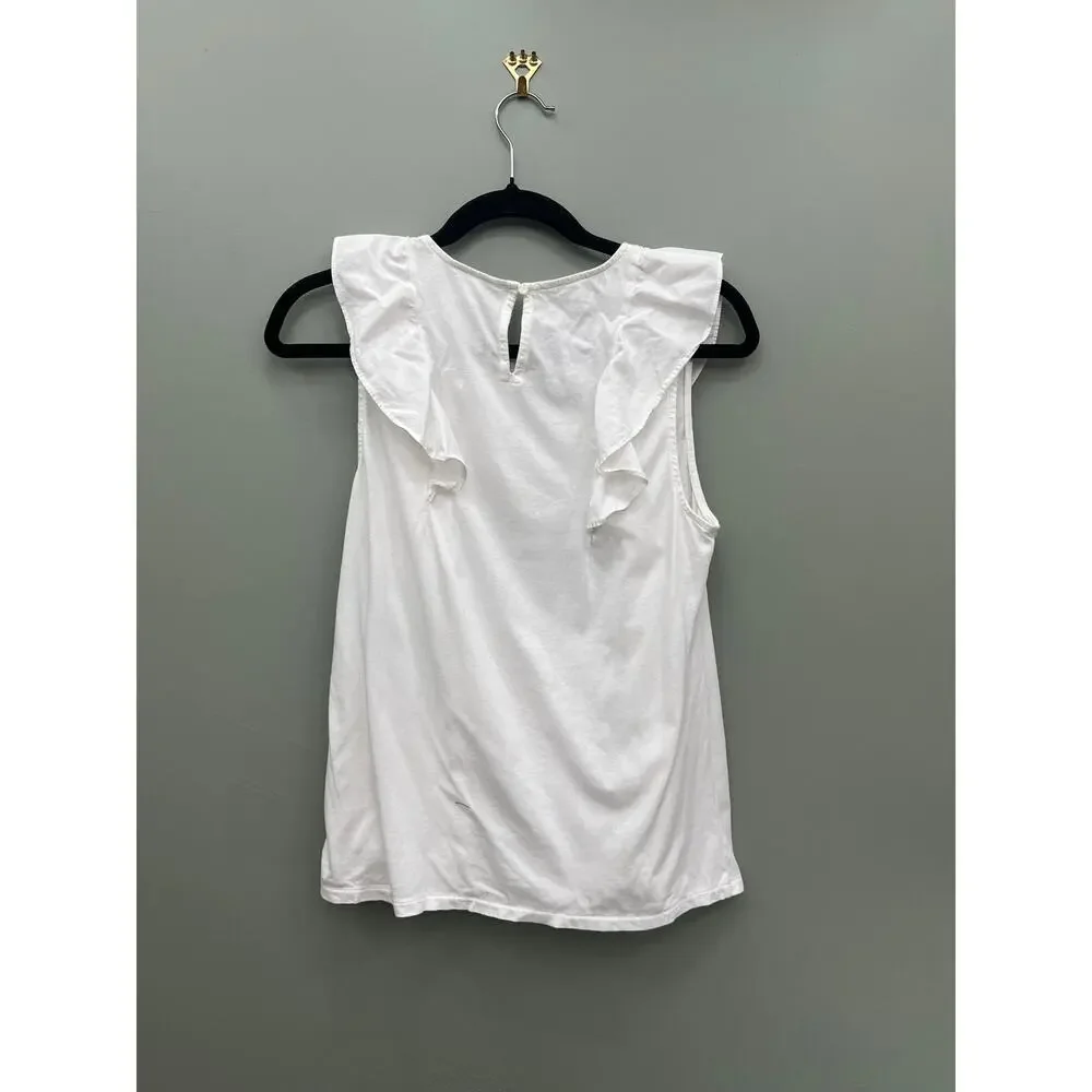 J.Crew Factory White Ruffle Sleeveless Top Small 100% Cotton Feminine Blouse